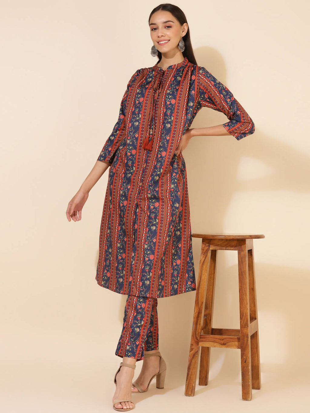 Janasya Women's Blue Crepe Digital Floral Printed Festive A-line Co-ords | Grocsy