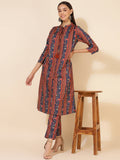 Janasya Women's Blue Crepe Digital Floral Printed Festive A-line Co-ords | Grocsy