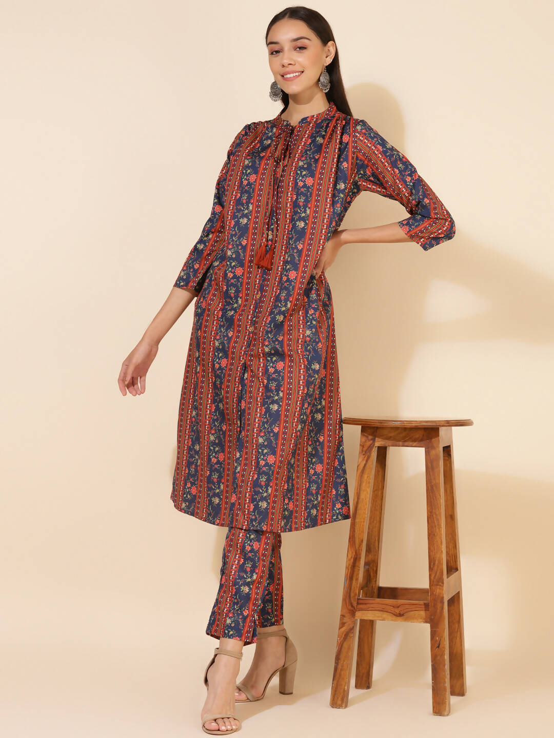 Janasya Women's Blue Crepe Digital Floral Printed Festive A-line Co-ords | Grocsy