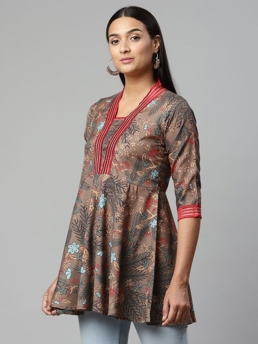 Ahalyaa Women Brown Cotton Digital Printed Tunic | Grocsy