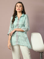 Myshka Women's Blue Solid Longline Party Tunic | Grocsy