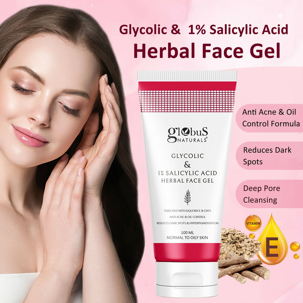 Globus Naturals Glycolic & 1% Salicylic Acid Herbal Anti Acne Face Gel | Grocsy