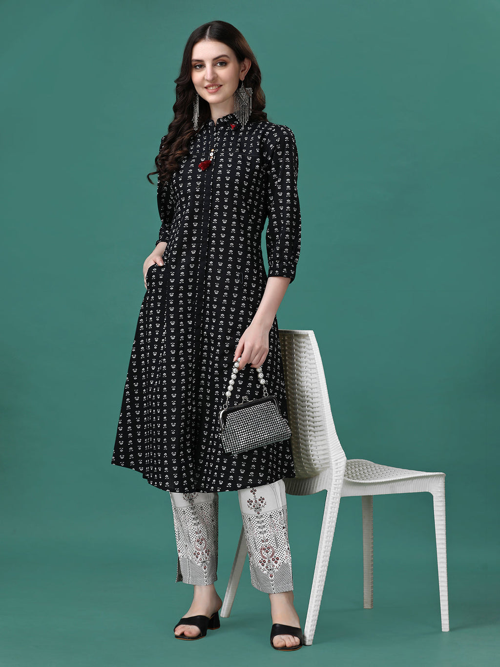 Printed Flared Cotton Kurta With Pant, Multicolor - Hiral Fashion | Grocsy