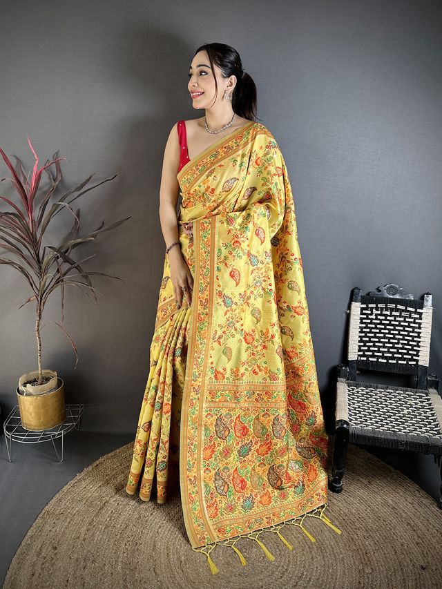 Elora Yellow Pashmina Silk  Floral & Leaf Elements Madhubani Design Kashmiri Saree | Grocsy