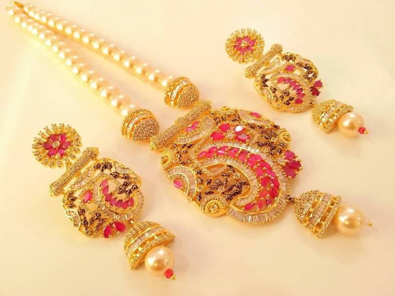 CZ Ruby Bridal Necklace Set | Grocsy