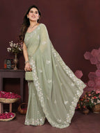 PR Fashion Pista Georgette Embroidery Work With Embroidery Work Blouse Saree | Grocsy
