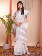 Shree Shyam Fashion The White Loom White Linen Cotton Saree | Grocsy