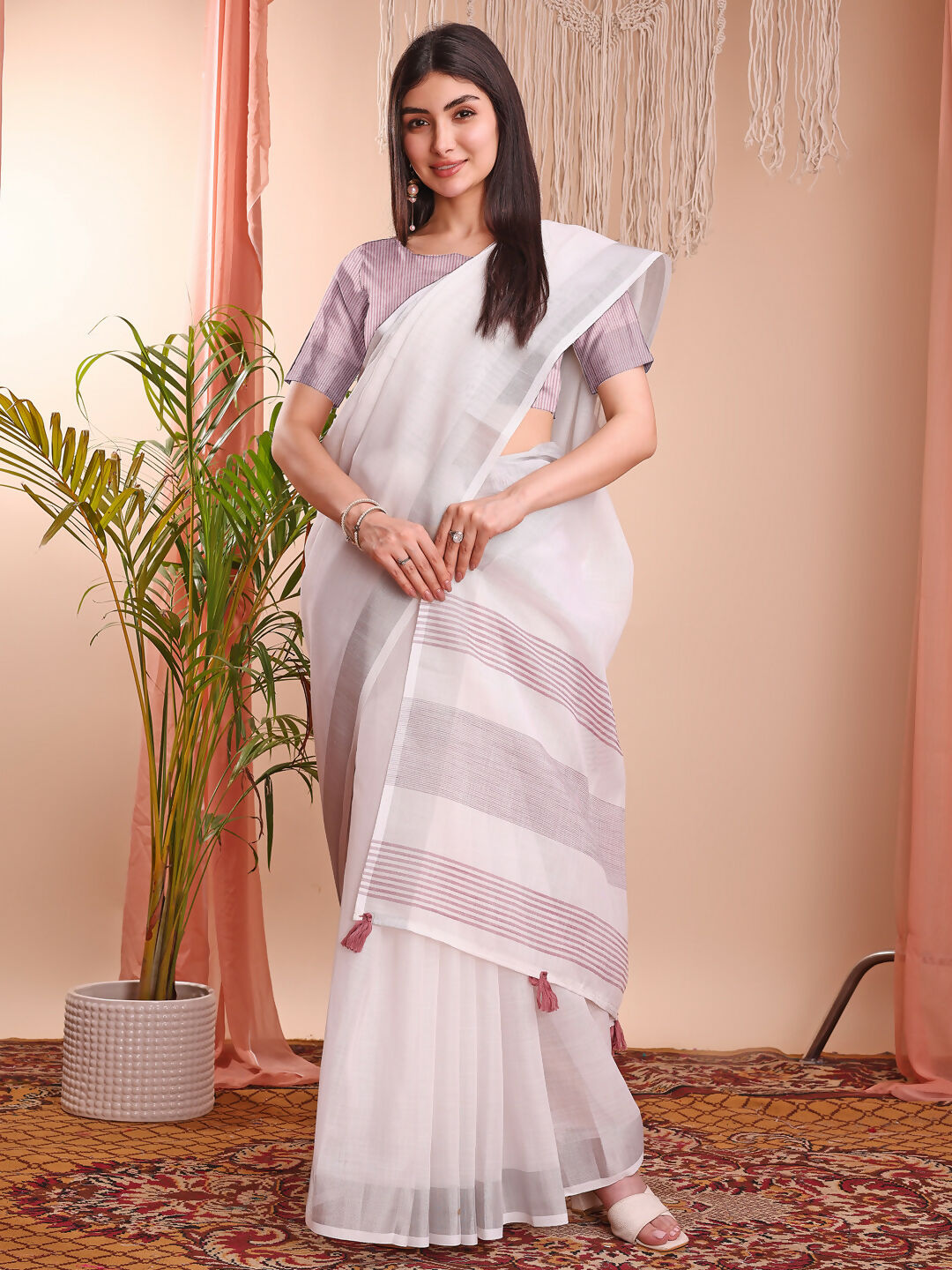 Shree Shyam Fashion The White Loom White Linen Cotton Saree | Grocsy