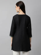 Black Poly Cotton Yoke Printed A-line Top - Bosky | Grocsy