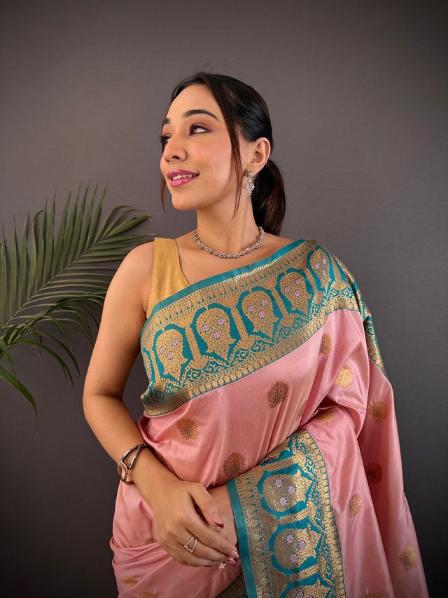 Elora Baby Pink Soft Silk Butti Zari Weaving Contrast Pallu Banarasi Saree | Grocsy