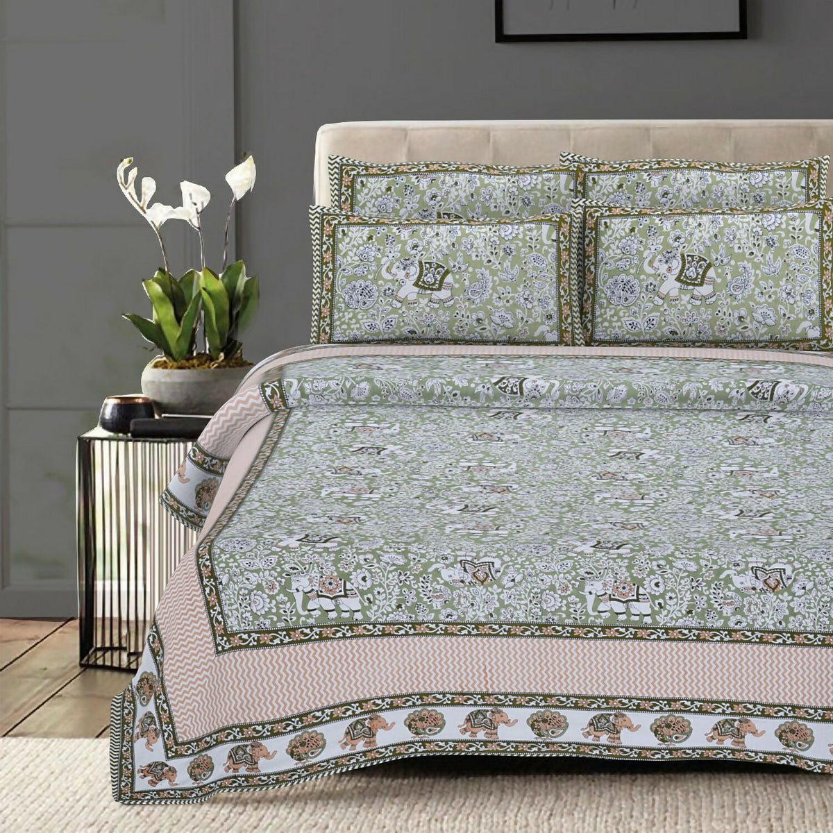 Rudra Bazaar Green 210 TC Cotton Double King Bedsheet With 2 Pillow Covers | Grocsy