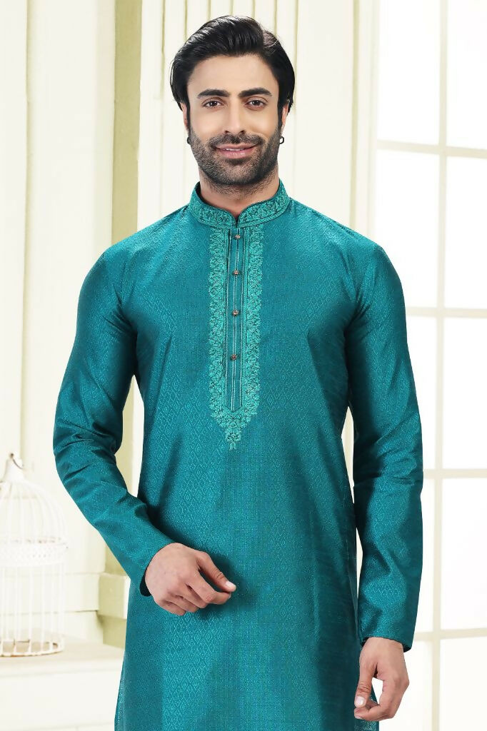 Raivat Ethnic Jacquard Banarasi Silk Thread Work Kurta Pajama In Blue Colour | Grocsy