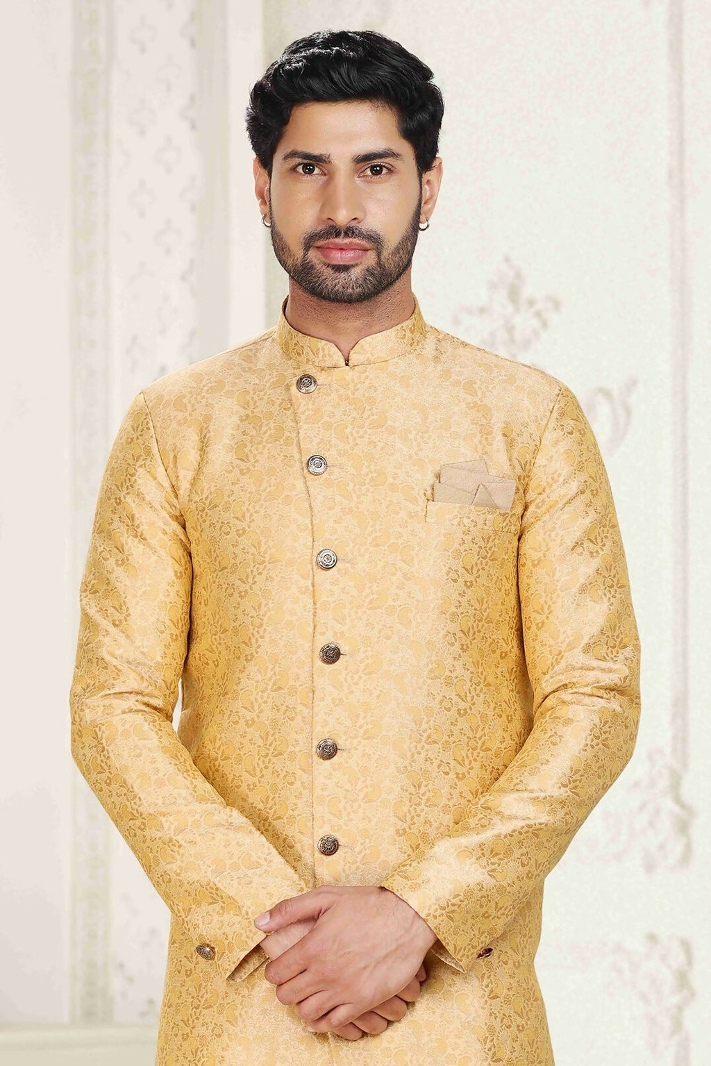 Raivat Ethnic Banarasi Jacquard Embroidery Semi Indo Western Sherwani In Cream Beige Colour | Grocsy