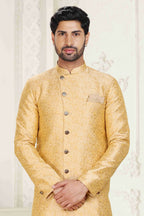 Raivat Ethnic Banarasi Jacquard Embroidery Semi Indo Western Sherwani In Cream Beige Colour | Grocsy