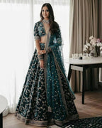 Jyoti Fashion Bottle Green Cording & Sequence Embroidery Velvet Lehenga Choli with Dupatta | Grocsy