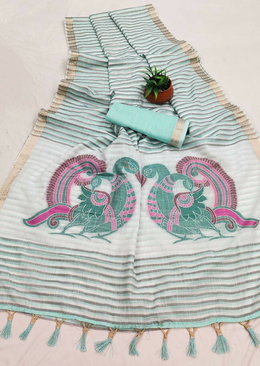 Vastranavya Sky Blue Linen Cotton Meenakari Weaving Pallu Saree with Contrast Blouse | Grocsy