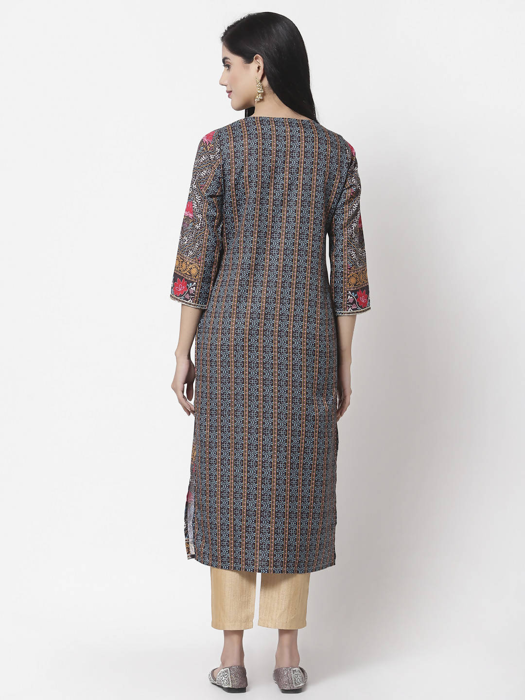 Myshka Women Multicolor Cotton Blend Printed 3/4 Sleeve Round Neck Kurta | Grocsy
