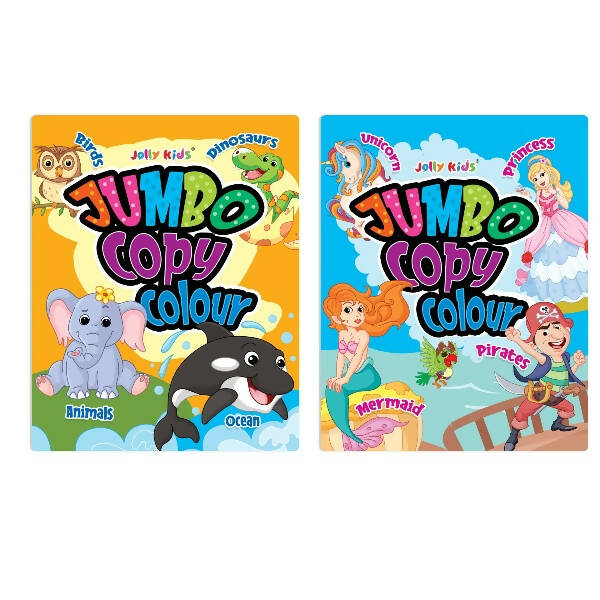 Jolly Kids Jumbo Copy Colour Books Set of 2| Colour Themes Birds, Dinosaurs, Animals, Ocean, Unicorns, Princess, Pirates, Mermaid| Ages 3-10 Years | Grocsy