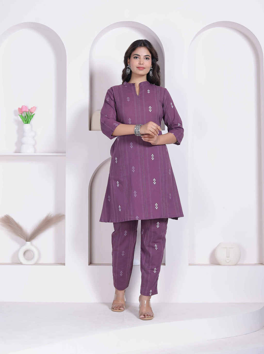 Miravan Womens Abstract Printed Wine Kurta Set | Grocsy