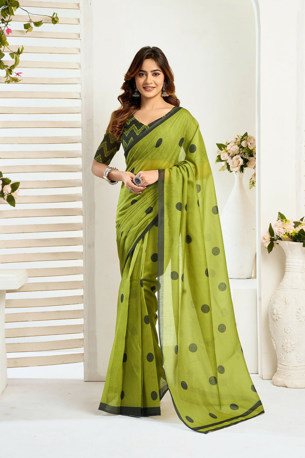 Vastranavya Olive Digital Printed Linen Ready To Wear Designer Saree with Unstitched Blouse | Grocsy