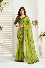 Vastranavya Olive Digital Printed Linen Ready To Wear Designer Saree with Unstitched Blouse | Grocsy