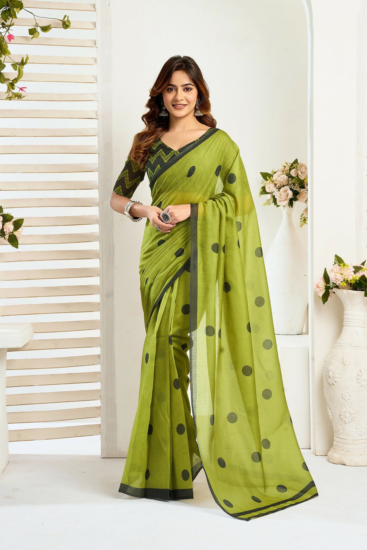 Vastranavya Olive Digital Printed Linen Ready To Wear Designer Saree with Unstitched Blouse | Grocsy