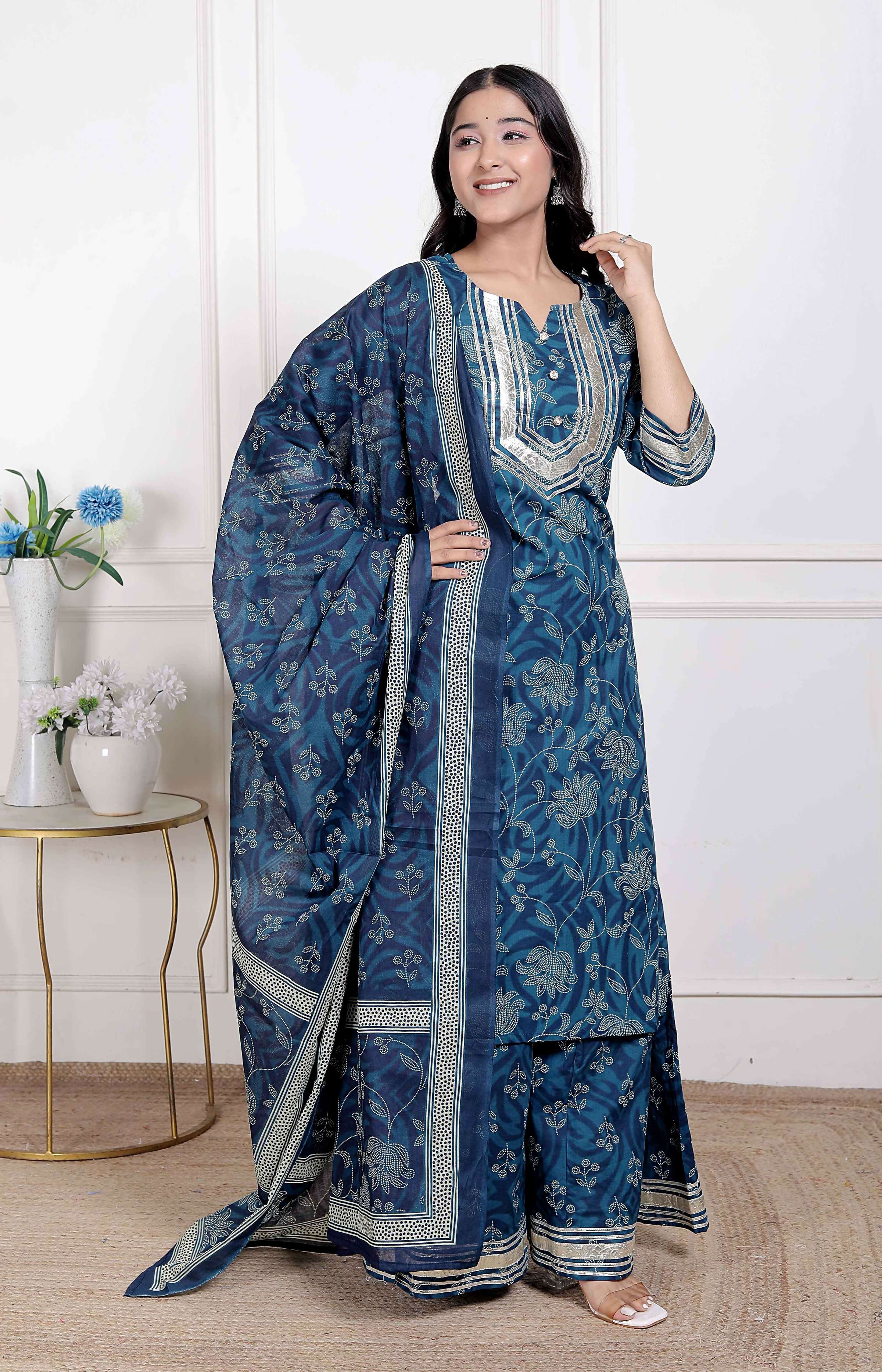Miravan Women's Gota Patti Cotton Kurta Paired with Palazzo and Dupatta | Grocsy