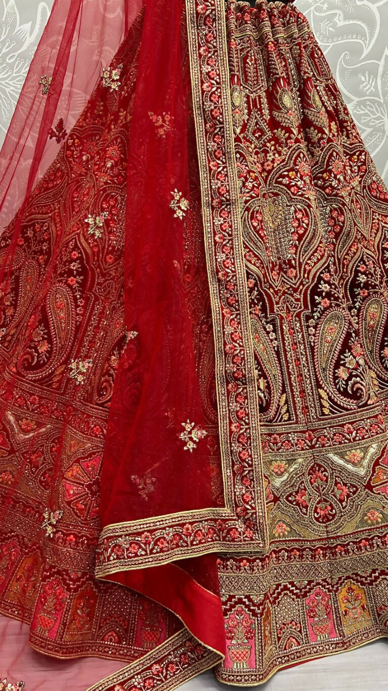 Jyoti Fashion Women's Red Velvet Multi Thread Embroidered with Zircon Diamond Wedding Lehenga Choli | Grocsy