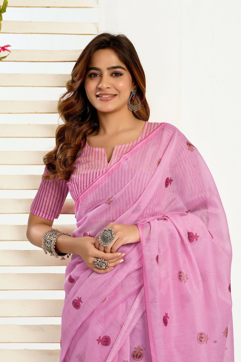 Vastranavya Baby Pink Digital Printed Linen Ready To Wear Designer Saree with Unstitched Blouse | Grocsy