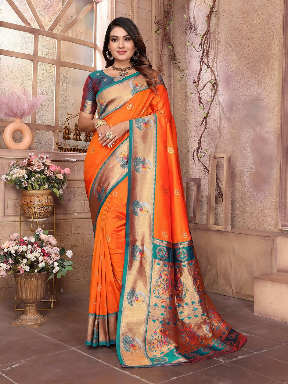 Joban Fashion Paithani Orange Woven Soft Silk Saree | Grocsy
