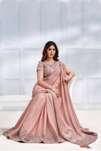 Peach Pure Crepe Georgette Cord & Sequence Embroidered with Stone work Saree - Mohmanthan Majestica | Grocsy