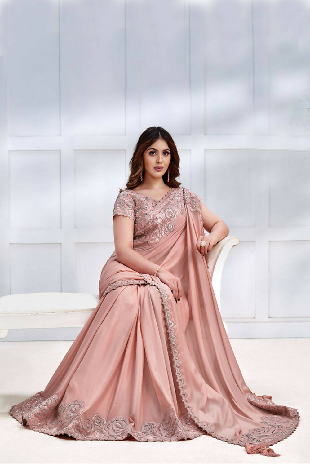 Peach Pure Crepe Georgette Cord & Sequence Embroidered with Stone work Saree - Mohmanthan Majestica | Grocsy