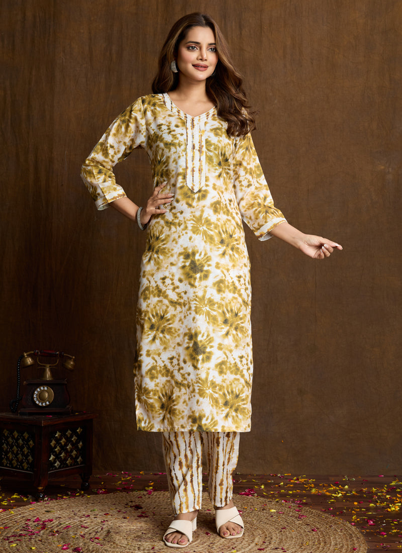 Prazu Fashion Cream Printed Cotton Blend Kurta Pant Set | Grocsy