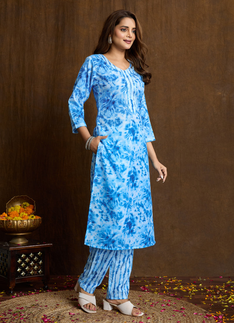 Prazu Fashion Sky Blue Printed Cotton Blend Kurta Pant Set | Grocsy
