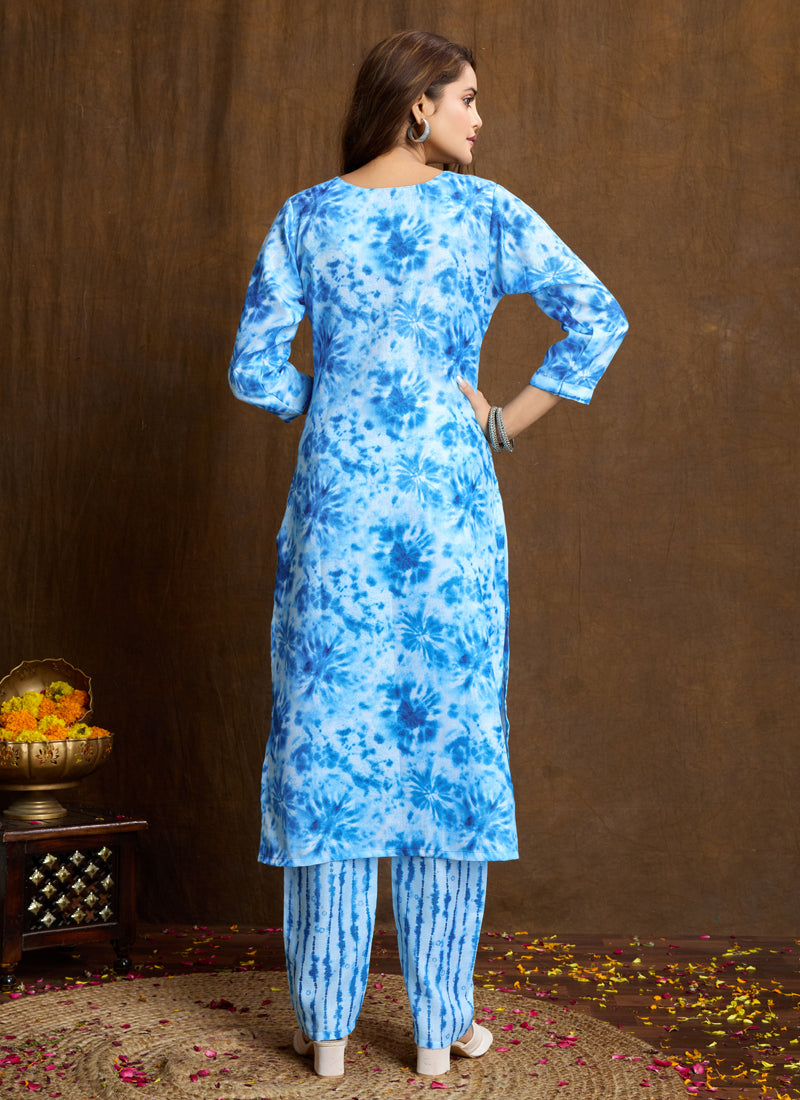 Prazu Fashion Sky Blue Printed Cotton Blend Kurta Pant Set | Grocsy