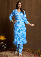 Prazu Fashion Sky Blue Printed Cotton Blend Kurta Pant Set | Grocsy