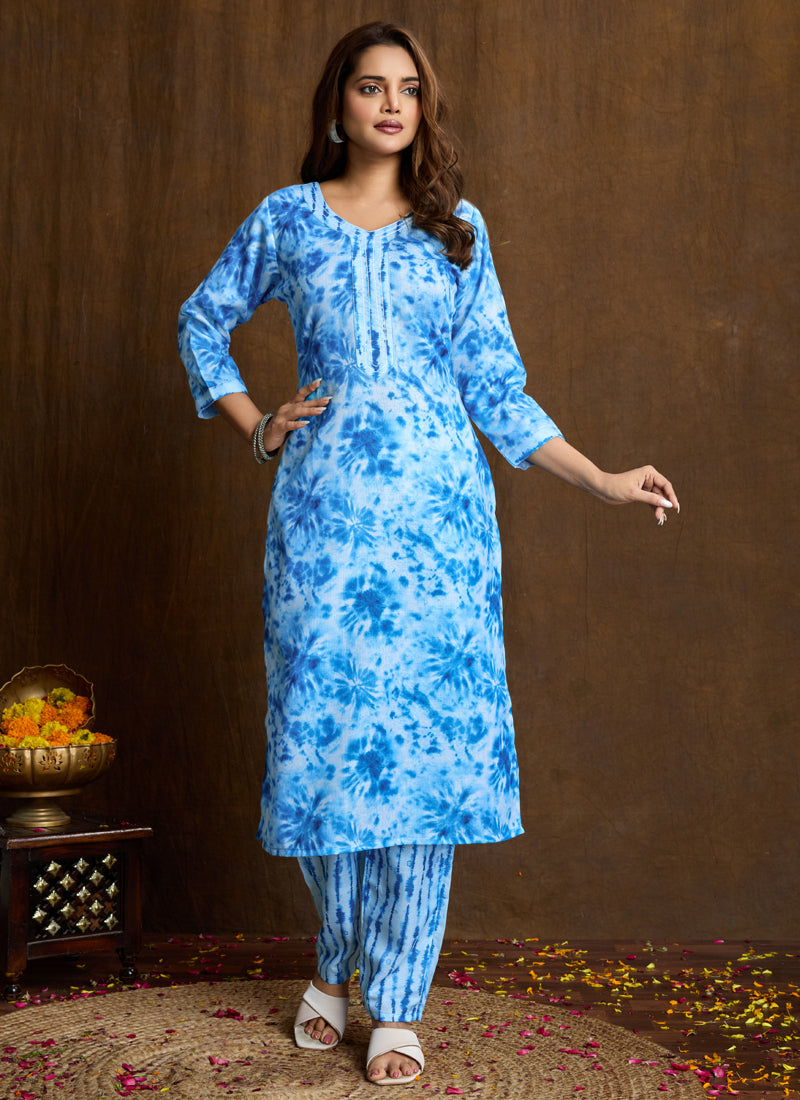Prazu Fashion Sky Blue Printed Cotton Blend Kurta Pant Set | Grocsy