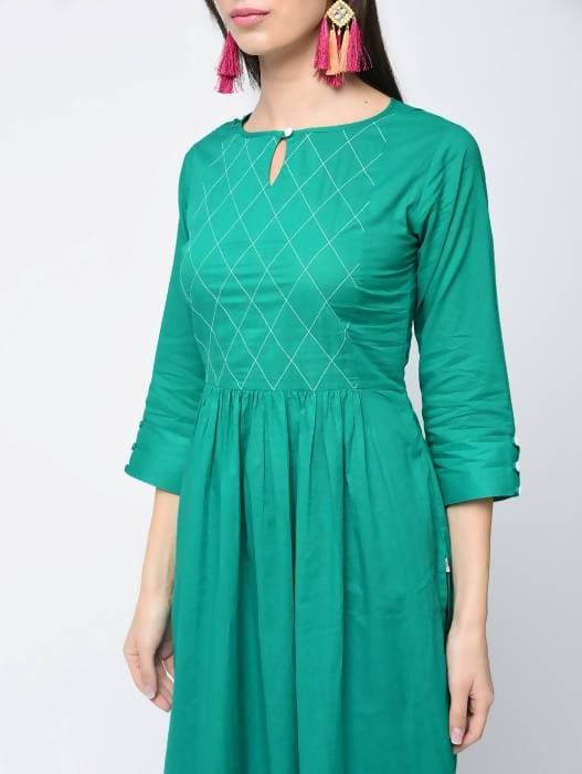 Aniyah Cotton Solid Flared Kurta With Key Hole Neck In Turquoise (AN-104K) | Grocsy