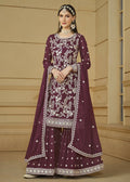 Burgundy Wine Embroidered Georgette Gharara Style Suit - Emponline | Grocsy