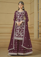Burgundy Wine Embroidered Georgette Gharara Style Suit - Emponline | Grocsy