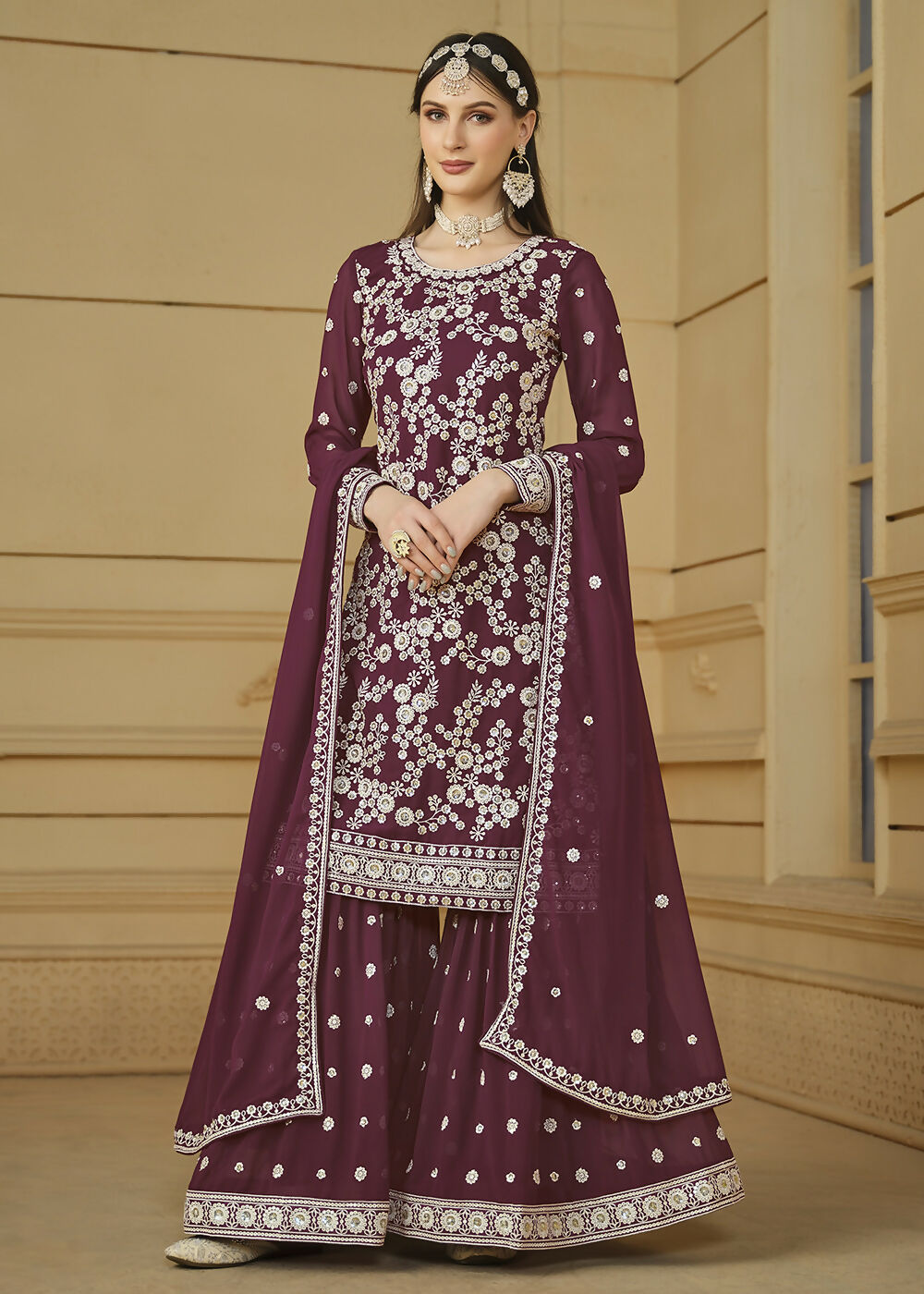 Burgundy Wine Embroidered Georgette Gharara Style Suit - Emponline | Grocsy