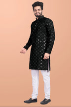 Neera Trendz Black Cotton Blend Mirror Work Men's Kurta With Pyjama | Grocsy