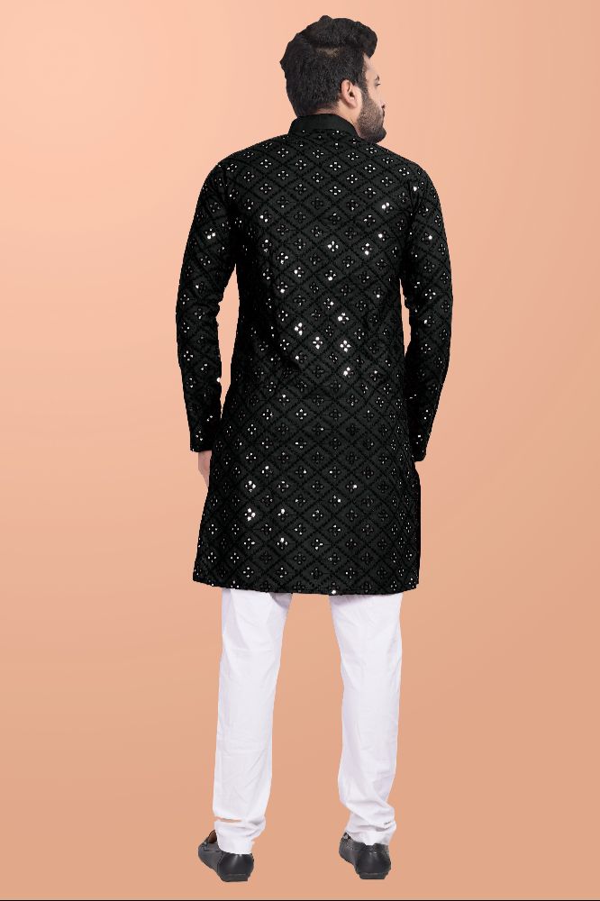 Neera Trendz Black Cotton Blend Mirror Work Men's Kurta With Pyjama | Grocsy