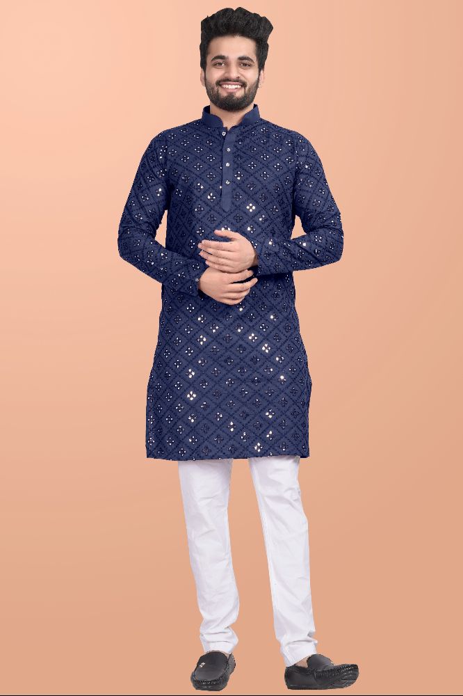 Neera Trendz Blue Cotton Blend Mirror Work Men's Kurta With Pyjama | Grocsy