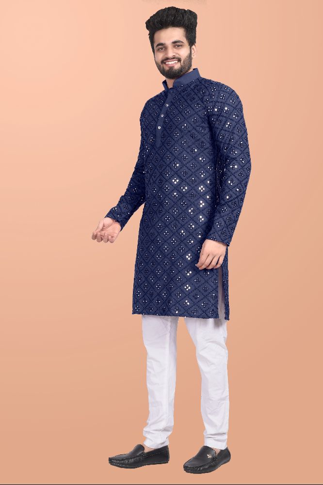 Neera Trendz Blue Cotton Blend Mirror Work Men's Kurta With Pyjama | Grocsy
