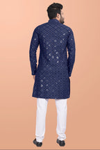 Neera Trendz Blue Cotton Blend Mirror Work Men's Kurta With Pyjama | Grocsy
