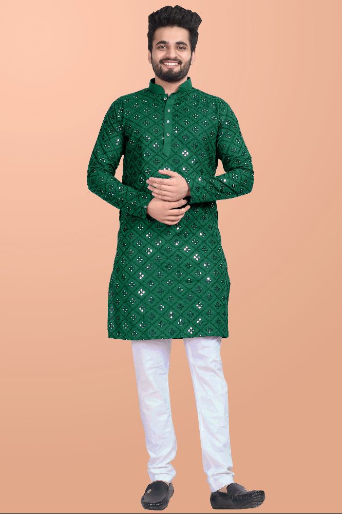Neera Trendz Green Cotton Blend Mirror Work Men's Kurta With Pyjama | Grocsy