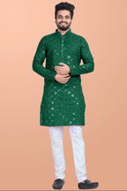 Neera Trendz Green Cotton Blend Mirror Work Men's Kurta With Pyjama | Grocsy
