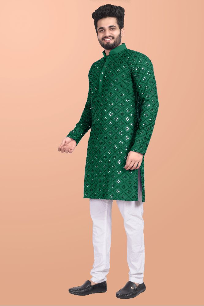 Neera Trendz Green Cotton Blend Mirror Work Men's Kurta With Pyjama | Grocsy