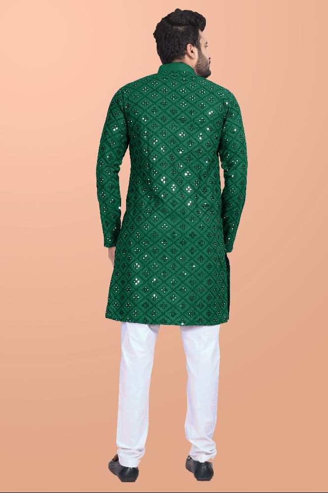 Neera Trendz Green Cotton Blend Mirror Work Men's Kurta With Pyjama | Grocsy